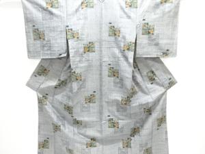 アンティーク　色紙に家屋・樹木模様織出し手織り紬単衣着物